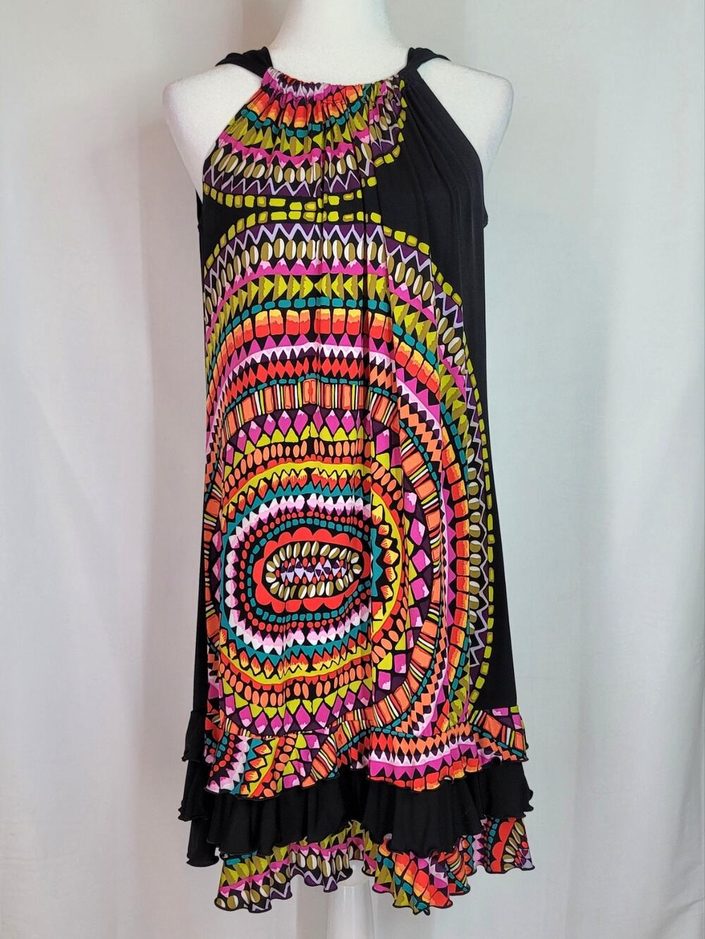 TIANA B Black Halter Dress w/Colorful Mosaic Sunset Design & Ruffled Hem Size M